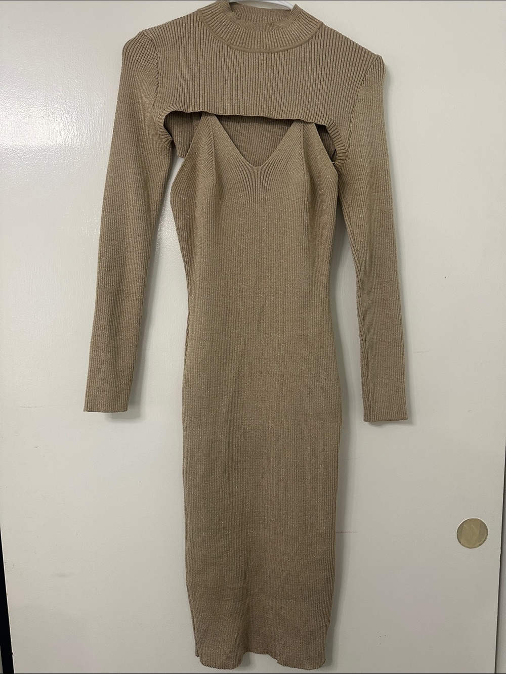 Almost Famous Taupe Ribbed Cutout Long Sleeve Midi Dress